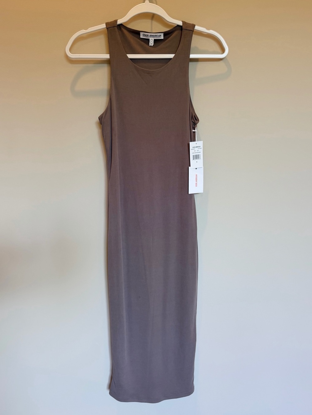 Good American Micro Rib Midi Dress Latte Size 1 NWT